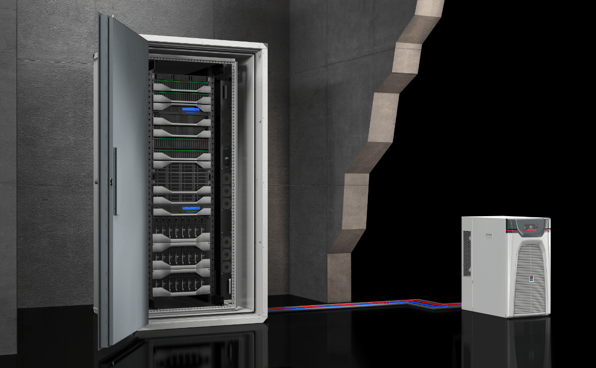 A data centre server rack kept cool by a Rittal climate control unit