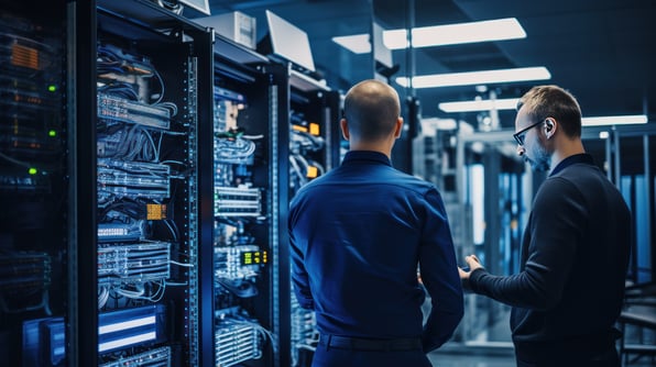 Two men standing in a data centre