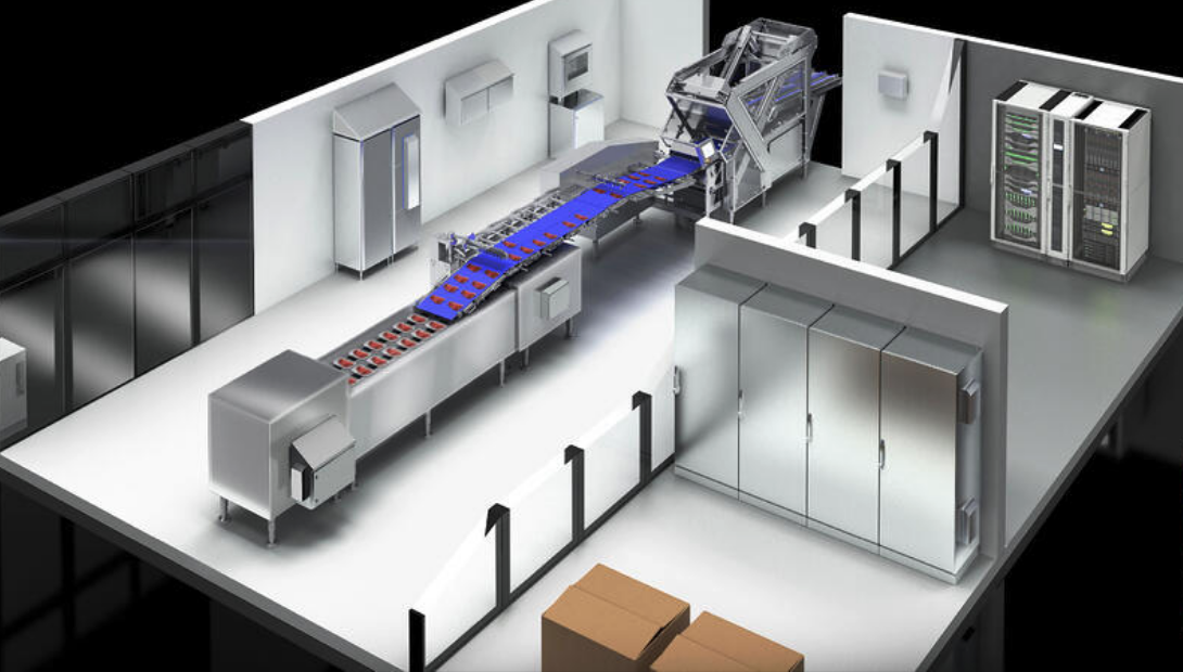 Cartoon image of a conveyer in food and beverage production